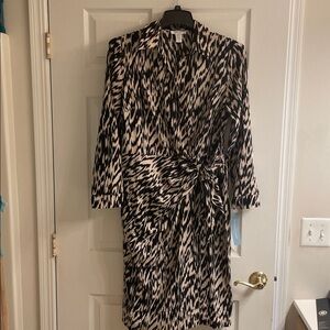 London Times Long Sleeve Wrap Dress Cream & Black Size 14 Side Zipper NWT